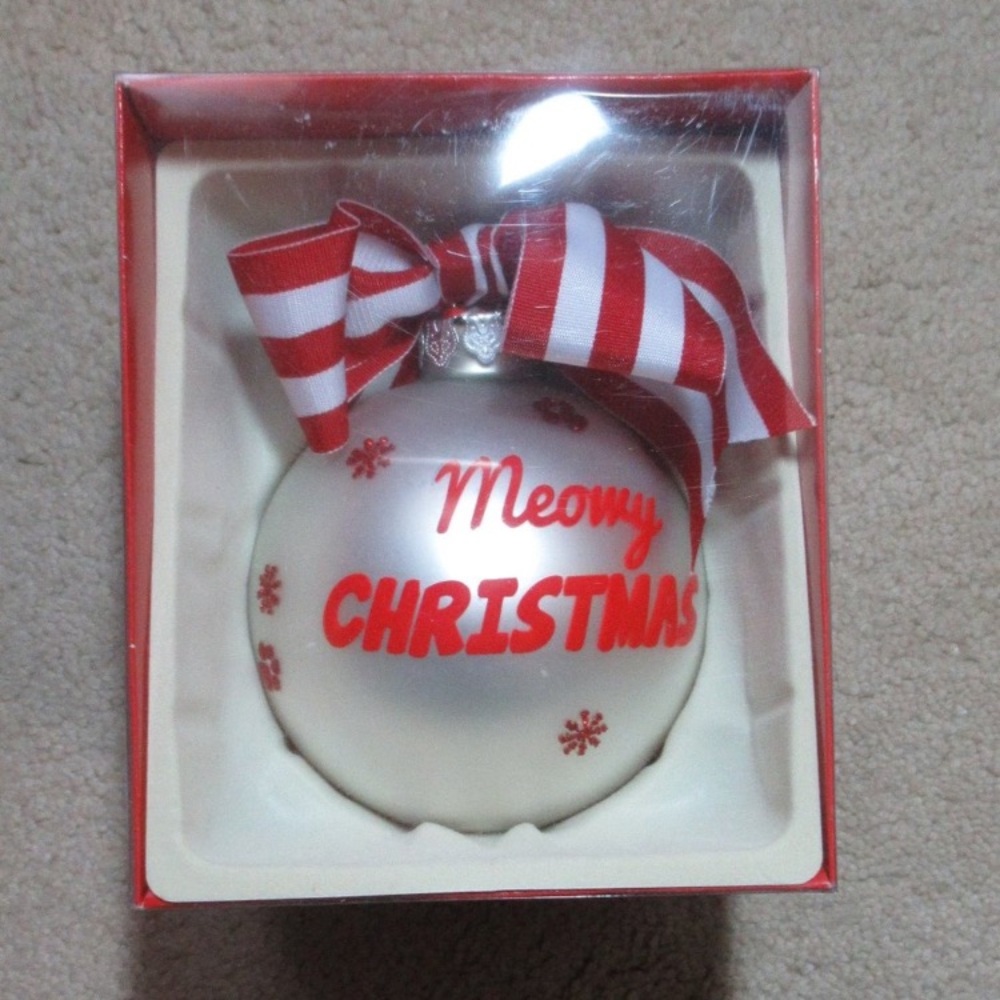 2 ornaments. Meowy Christmas kitty cat themed Holiday ornament w bow w stripes - Picture 8 of 14